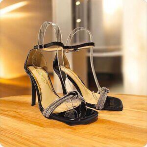 Black Patent Leather High Heels With Rhinestone Straps & Ankle Buckle Closure